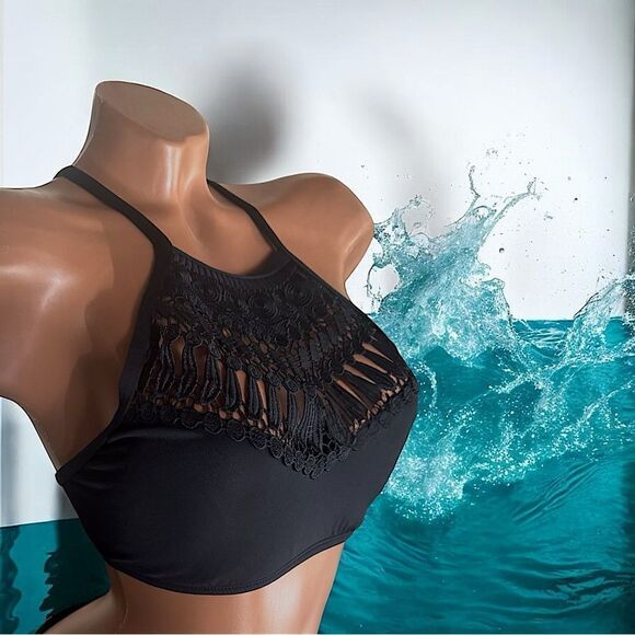 Jantzen Black Crochet Halter Bikini Top l Tie Back l XS l EUC - Picture 8 of 13